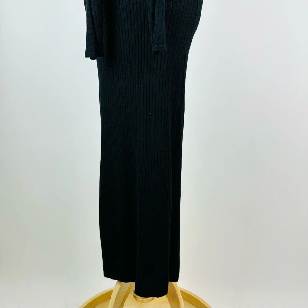 Good American Black Bodycon Ribbed Knit Tie Waist Midi Dress Size 1 Small - Picture 8 of 11